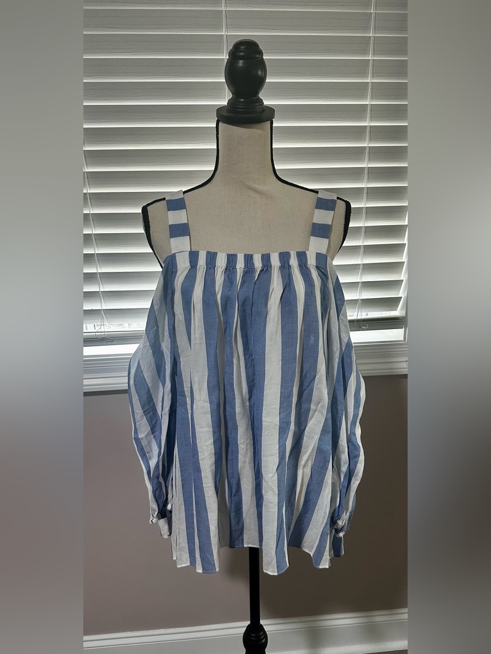 Vince Camuto blue and white striped off-shoulder blouse with balloon sleeves